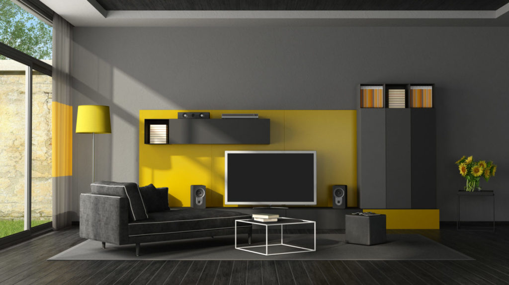 Black and yellow living room with tv set and chaise lounge - 3d rendering