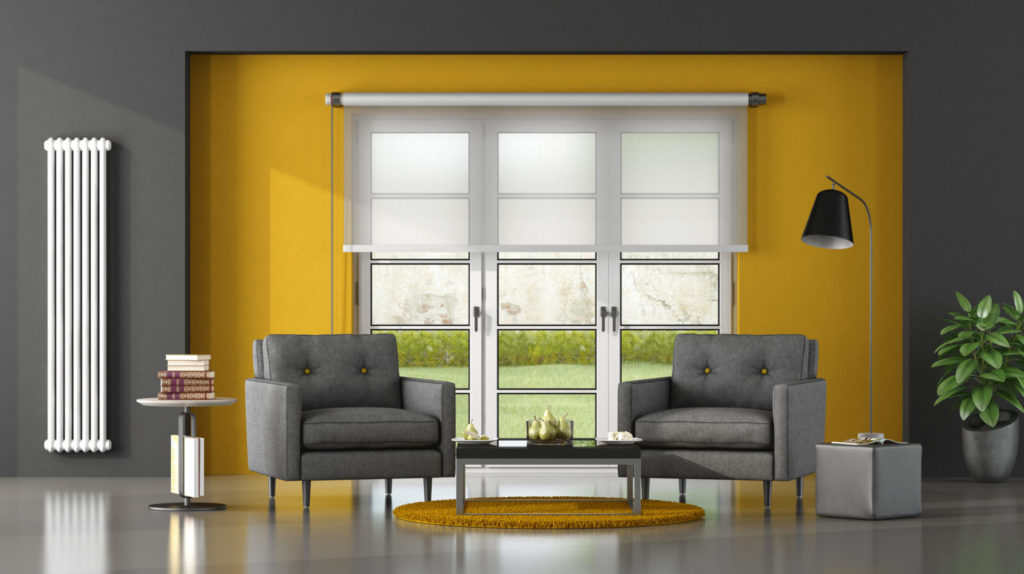 Gray and yellow living room with two armchair - 3d rendering